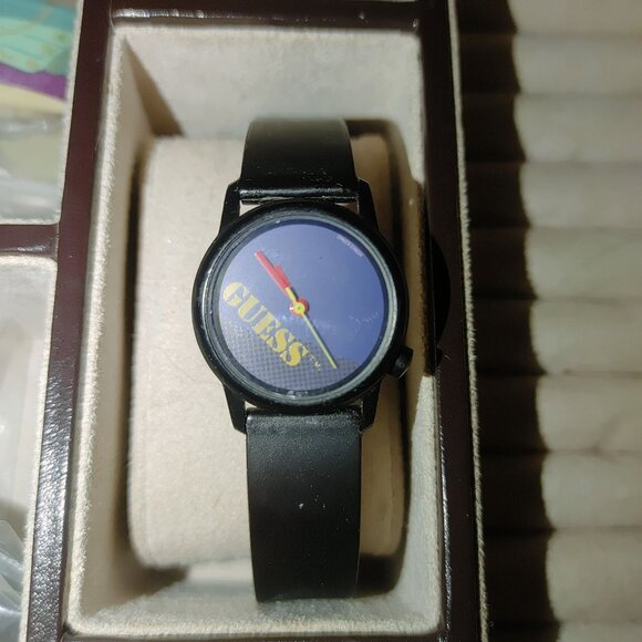 Guess Quartz Watch Vintage Black Strap Blue Dial Stainless Steel Water Resistant - Picture 2 of 8